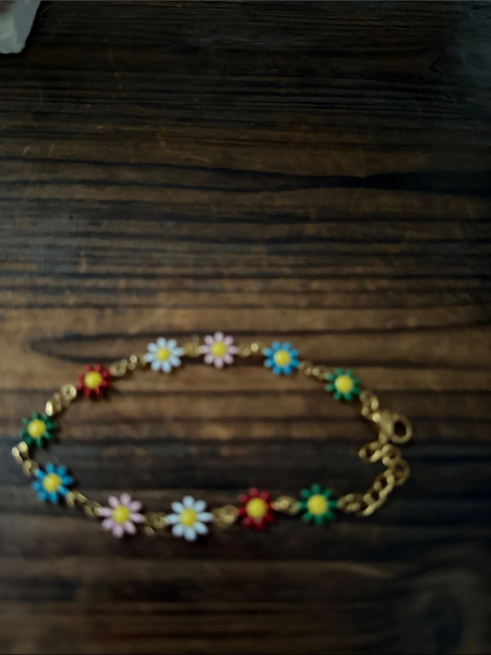 18K gold PVD Multicolor Daisy Link Bracelet. Adjustable - Picture 3 of 5